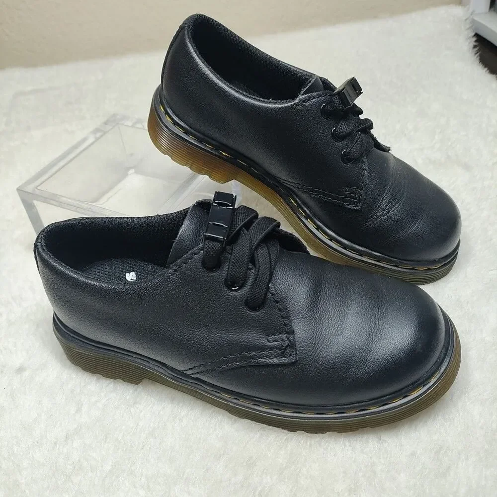 Dr Doc Marten Kids Junior 1461 Softy T Leather Shoes Black Size 12 - Mag Laces